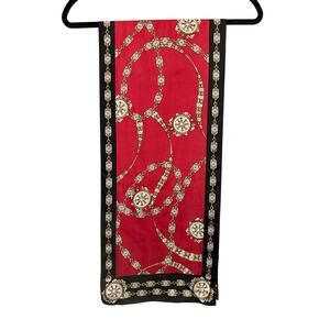 Oscar de la Renta Scarf 11X52 Red Black Gold Chain Link Medallion Fashion Luxury
